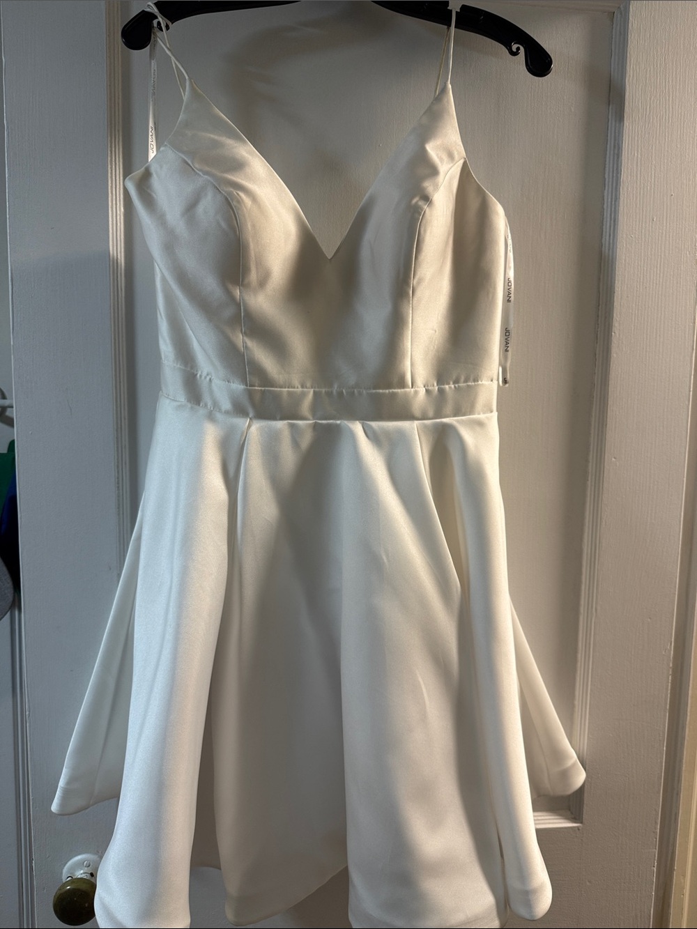 JVN by Jovani White Satin Mini Dress with Spaghetti Straps